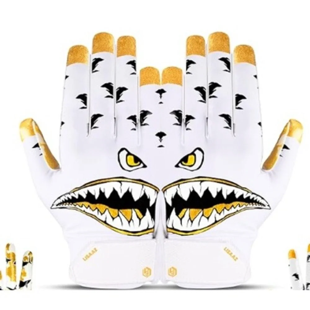 Lisaaz Legends M/L Shark Mouth Football Receiver Gloves Gold White Sticky Grip